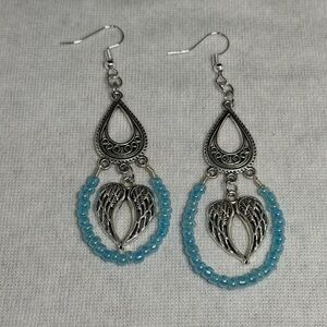 Silver and Blue Angel Wing Drop Earrings